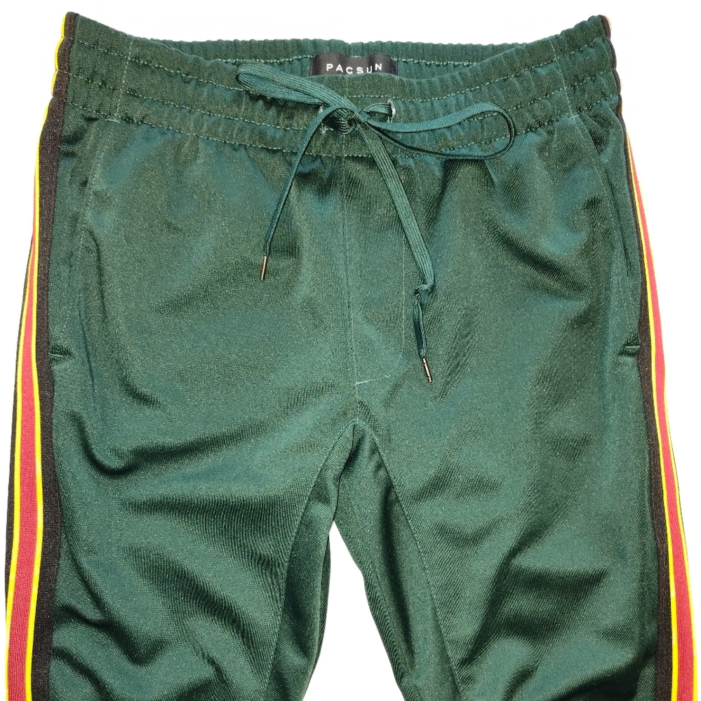 PacSun Men Tricot Striped Tapered Skinny Track Pants Forest Green Red S - Picture 8 of 8